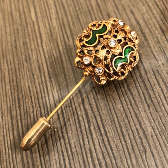 Vintage FLORENZA Stick Pin brooch Green Enamel & Rhinestones - Picture 2 of 16